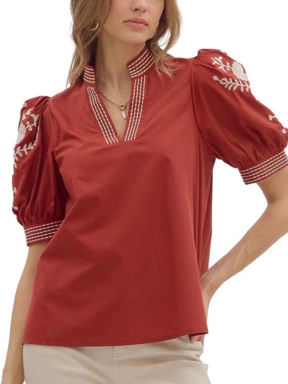 Entro size large Red Embroidered Puff Sleeve Peasant Top